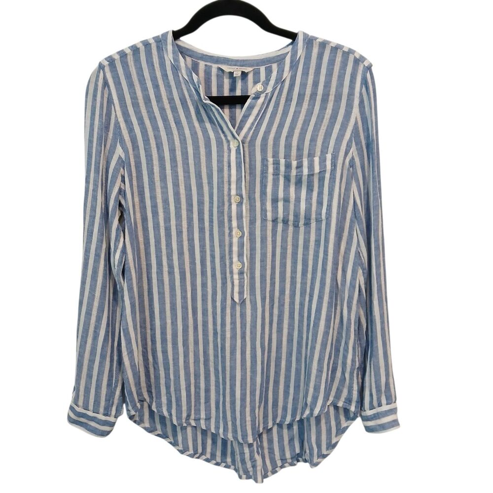 Lucky Brand Linen Blend Striped Blouse Small Chambray Blue/White Striped Tab Slv